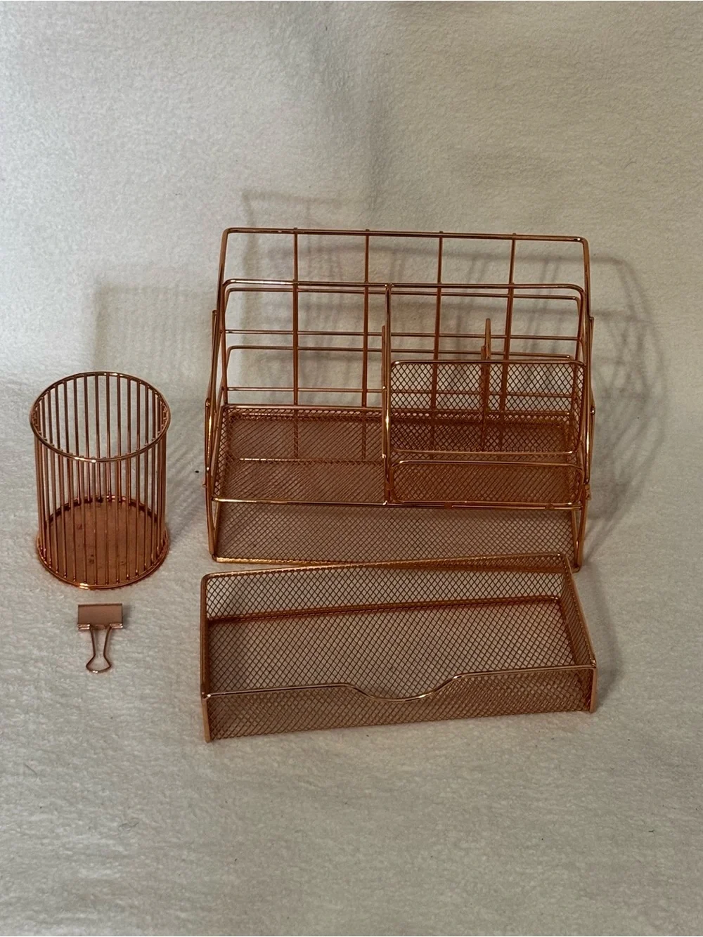 Metal Desk Organizer Caddy in Rose Gold - Multi-Compartment Storage